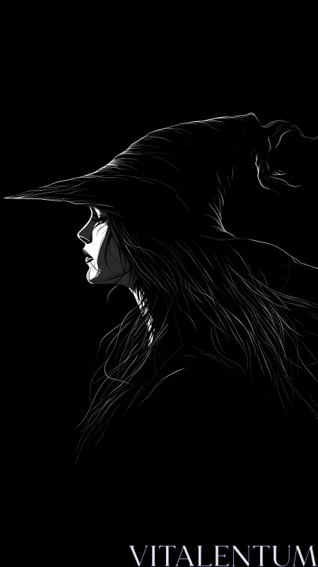 Side profile of witch in tall hat on black background.