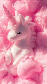Dreamy pink unicorn snuggles softly in a fluffy pastel nest