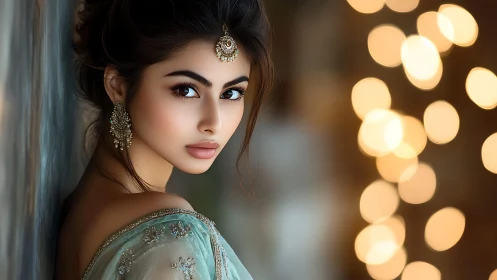 Soft bokeh lanterns cradle a poised gaze in jeweled blue