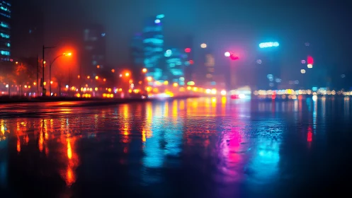 Rain-soaked boulevard with neon bokeh reflections at night