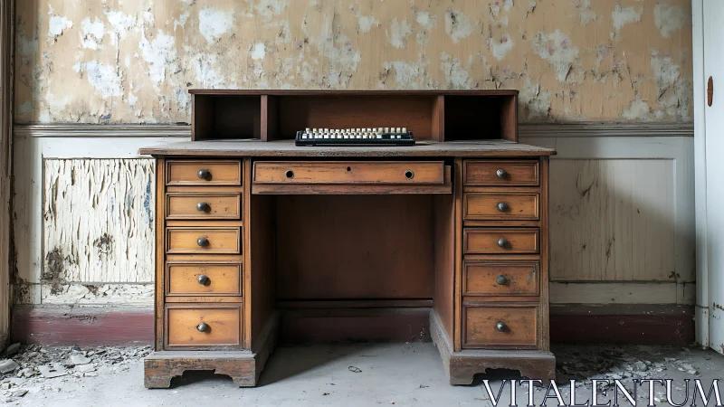 Vintage wooden desk with typewriter in decayed room.
