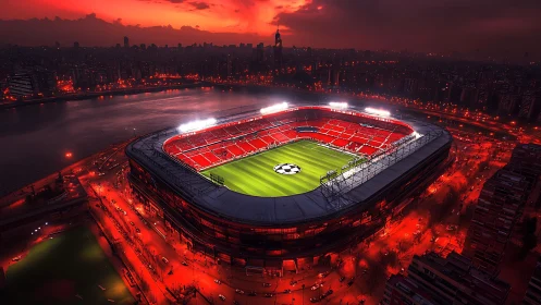 Aerial night analysis of illuminated urban football stadium.