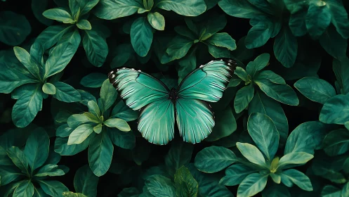 Teal morpho butterfly on dense green leaf groundcover canopy