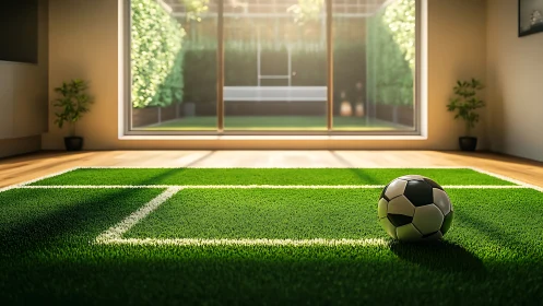 Indoor mini pitch with soccer ball in sunlit modern living room