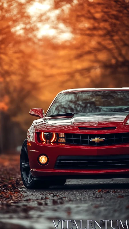Crimson sports car glows warmly along a quiet autumn road
