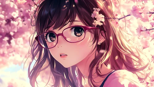 Girl with red glasses among pink cherry blossoms looks back