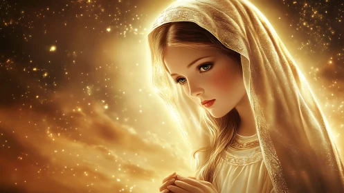 Hooded woman with folded hands glows in golden light