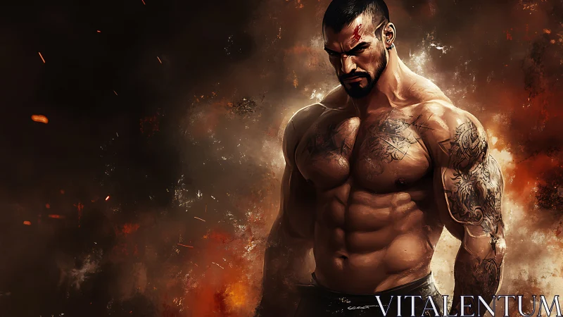 Muscular tattooed fighter rendered with dramatic chiaroscuro lighting