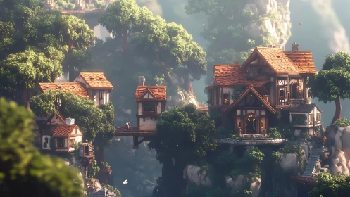 Cozy treetop village nestled among misty forest cliffs.