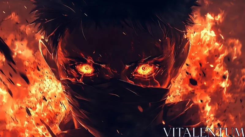 Intense anime figure with glowing ember eyes amid explosive flames