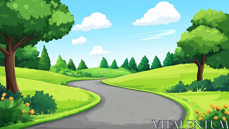 Idyllic Pastoral Landscape: Winding Asphalt Road Through Verdant Valley.
