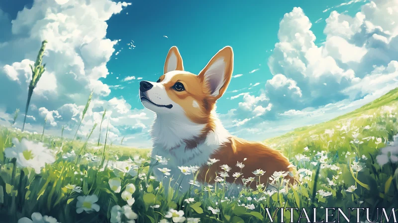 Daydreaming corgi crowned by wildflowers and skywide clouds.