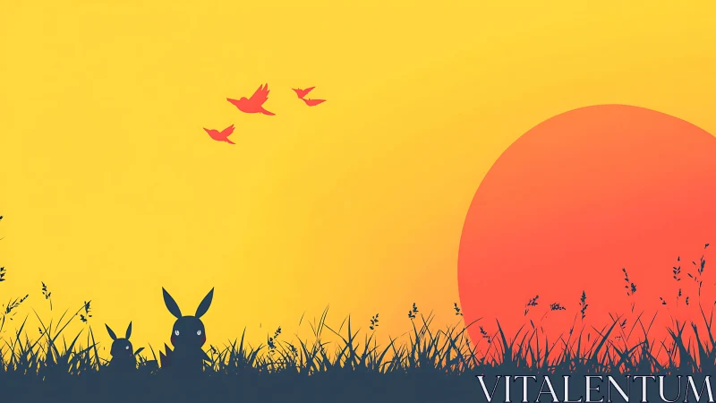 Minimalist sunset meadow silhouette with rabbits and birds.