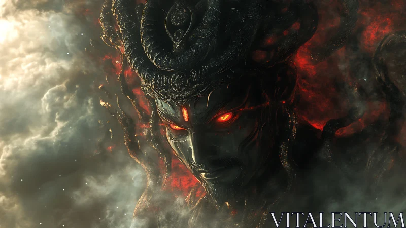 Demonic godhead emerges from storm clouds in infernal glow