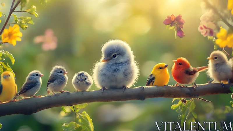 Colorful baby birds on a branch in dreamy spring sunlight.