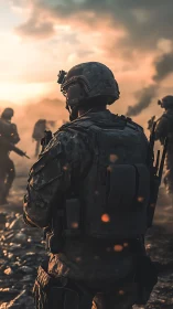 Battlefield soldier advances through smoke at golden sunset
