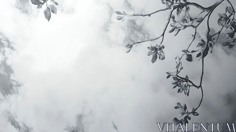 Minimalist tree branch with leaves against cloudy sky, monochrome style.
