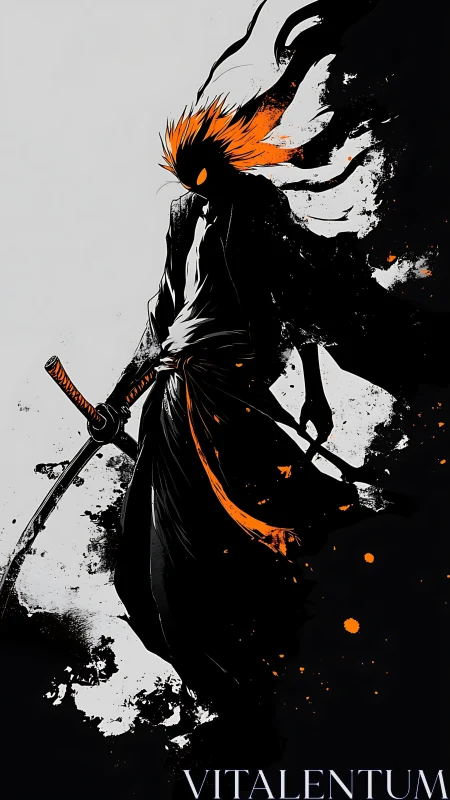 Silhouetted katana warrior in high-contrast black and orange ink