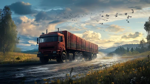 Red freight truck storms along a misty sunrise mountain road