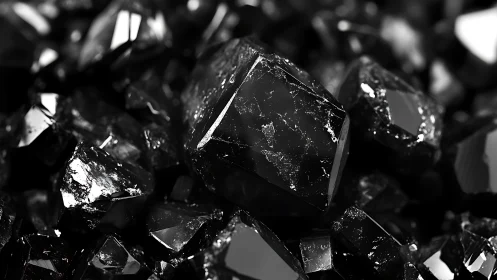 Gleaming black crystals catching light in a moody cluster.