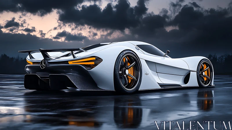 White Mercedes hypercar on wet track under stormy sky.