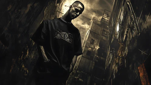 Digital noir portrait in decayed urban alley perspective.