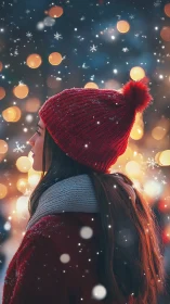 Young woman savoring gentle snowfall and soft winter lights.