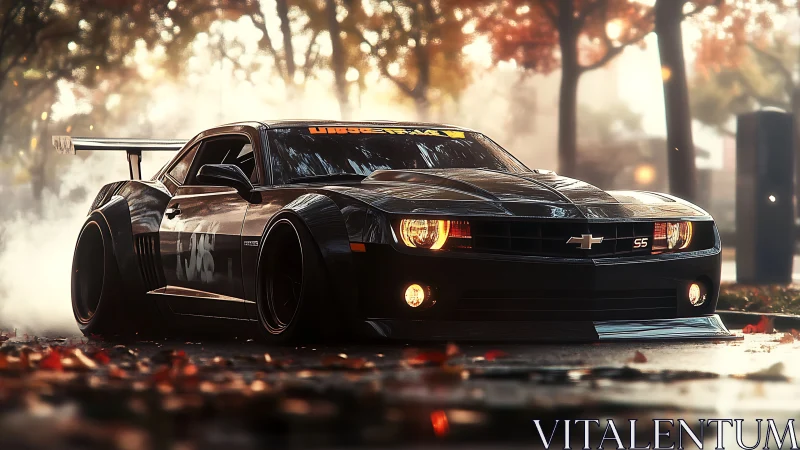 Modified black Chevrolet Camaro SS is parked in autumn street