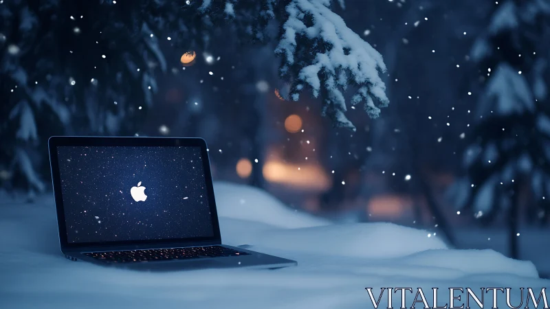 Cozy laptop glows softly in a peaceful winter snowfall.