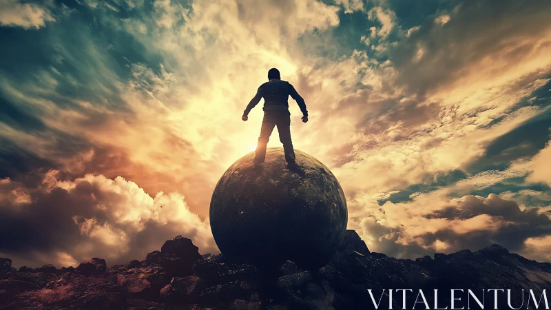 Silhouette stands atop planet under blazing storm sky.