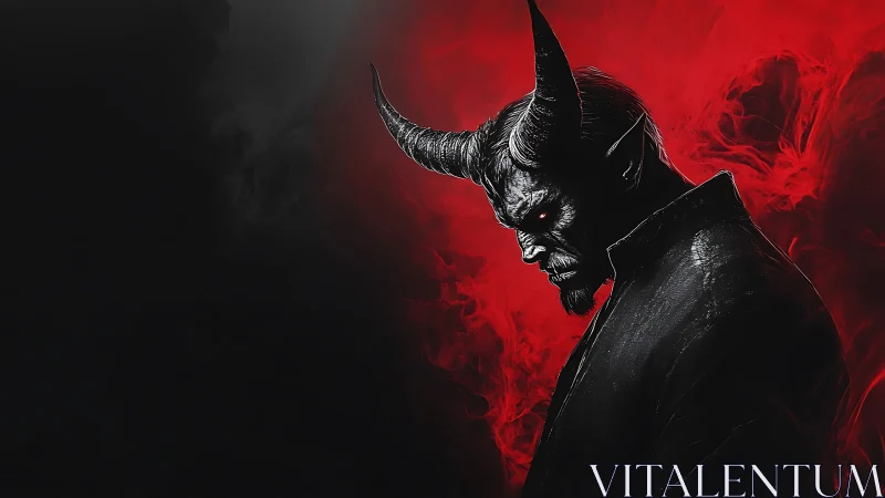 Demonic horned figure in black coat on red smoky background.