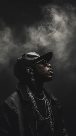 Photorealistic low-key portrait in atmospheric smoke field.