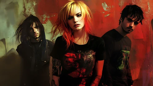 Three-person group before textured red and orange wall.