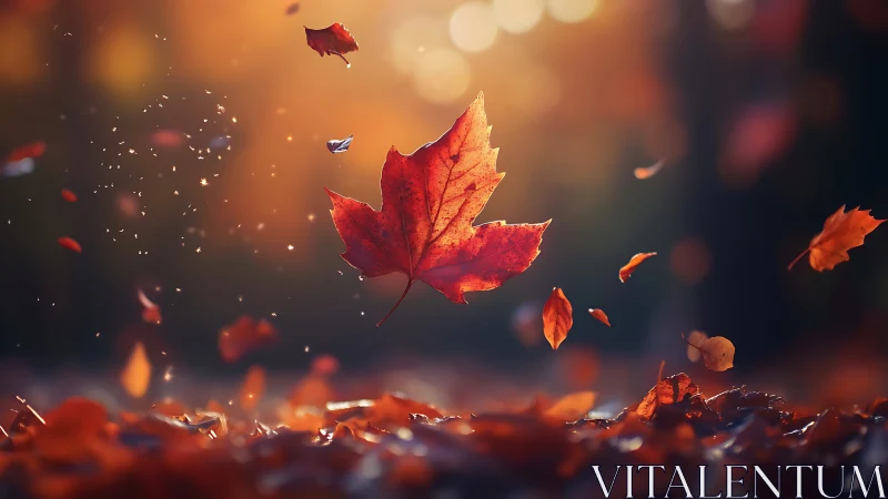 Suspended autumn maple leaf captured in shallow-focus light