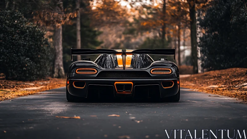 Black hypercar rear view on forest road in autumn light.