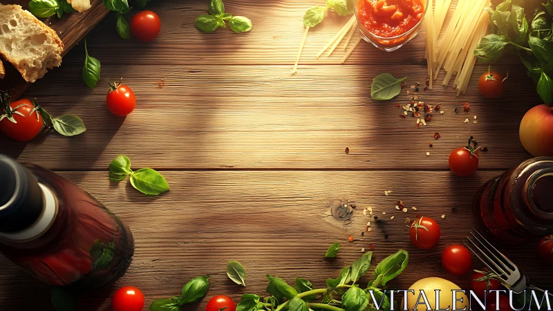 Rustic pasta ingredients on wooden kitchen table surface.