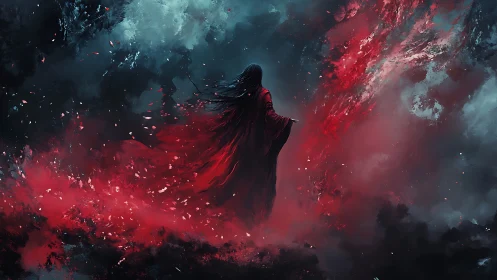 Crimson robed wanderer walks calmly through swirling storm