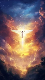 Radiant winged figure ascending through celestial clouds.