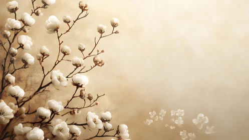 Magnolia blossoms drift softly across warm beige sky.