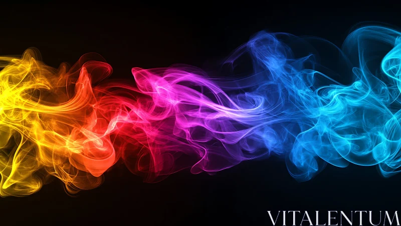 Multicolor light trails in abstract smoke formation on black.