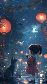 Rainlit lantern path with small dreamer and patient cat.