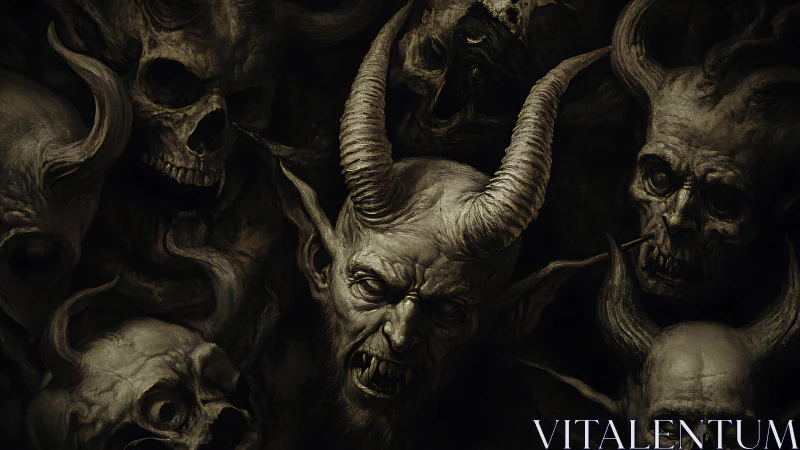 Horned demonic busts emerge from chiaroscuro skeletal mass