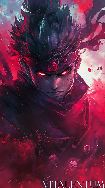 Fierce red eyed warrior steps from swirling crimson storm