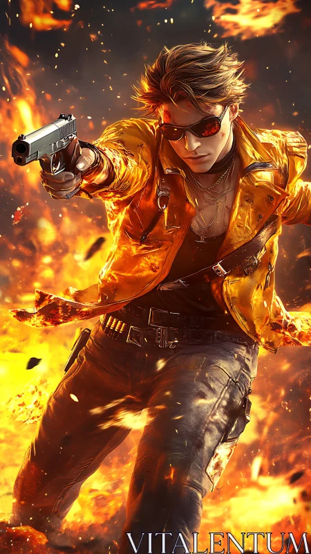 Dynamic digital painting of gunman in cascading inferno motion.