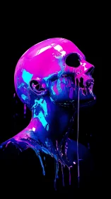 Neon-lit human bust rendered in glossy melting chrome