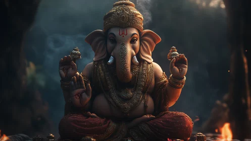 Golden Lord Ganesha idol in detailed digital artwork.