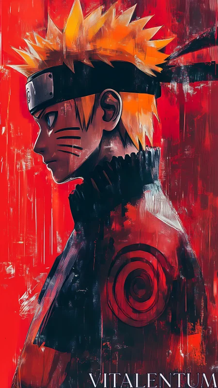 Fiery ninja profile in scarlet storm of swirling resolve.