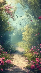 Floral forest pathway under diffuse volumetric morning light.