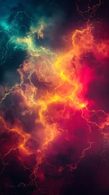 Electric nebula storm with teal and crimson energy fields.