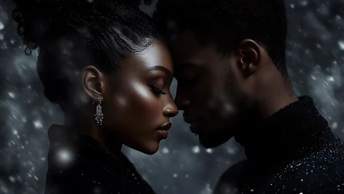 Two Figures in Profile Against Falling Snow and Shadows